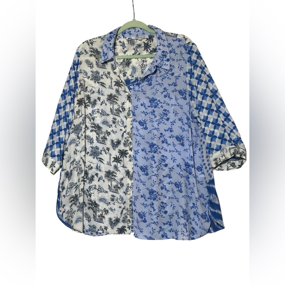 Rose & Olive Blue & White Button Down Shirt- Monkey / tree design -button down